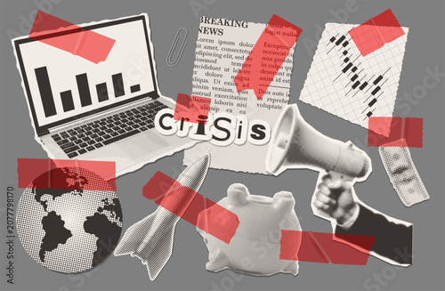 Economic crisis collage with transparent red tape vector composition, isolated halftone business icons laptop graph piggy bank rocket megaphone and taped elements for finance news and recession
