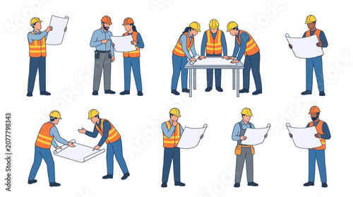 Construction workers and engineers review architectural blueprints and project plans, showcasing teamwork, planning, and collaboration for building development