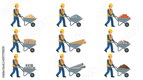 Set of construction workers in protective safety gear pushing wheelbarrows with various materials for building and renovation projects