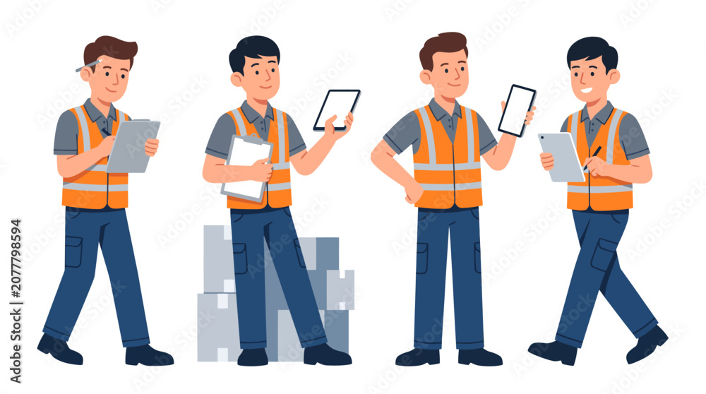 Obraz premium Set of construction workers and warehouse staff characters holding tablets and clipboards for professional logistics and engineering business project management presentations