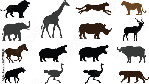 Photography African safari animal silhouette vector set featuring lion giraffe elephant chee