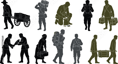 Fotografie World War military logistics silhouette vector set featuring soldiers refugees s