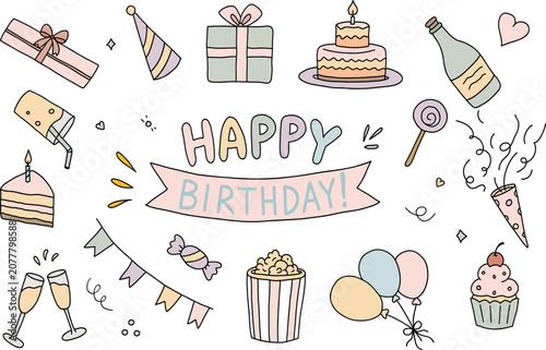Cute hand drawn birthday doodle set with cake, gifts, balloons, champagne, confetti and sweets. Perfect for greeting cards, party invitations, stickers, planners and festive designs.