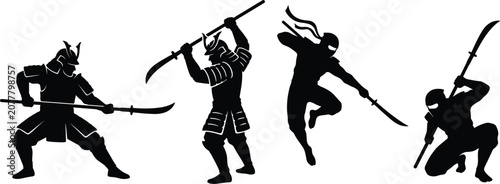 Photos Samurai and ninja silhouette vector set featuring Japanese warriors holding nagi