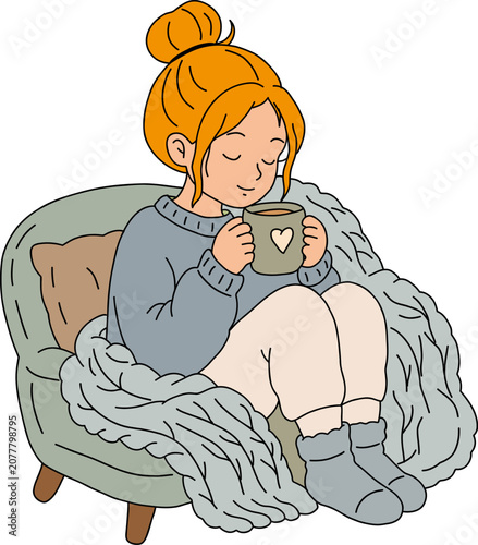 Cozy Girl Drinking Tea in Armchair Hand Drawn Illustration
