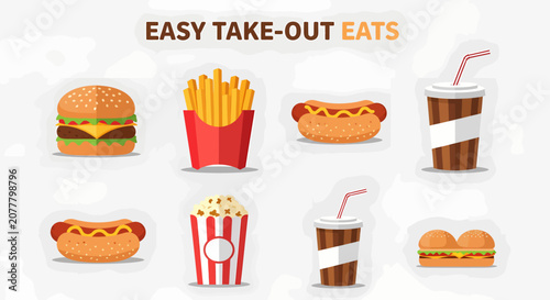 Fotografija A flatdesign graphic displaying eight various fastfood items including burgers f