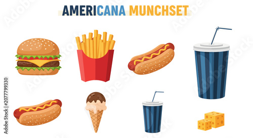 Foto Flat vector set of Americana fast food items including a burger fries hot dogs i