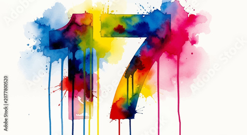 Vibrant Watercolor Number Seventeen Illustration with Artistic Paint Strokes and Color Splashes
