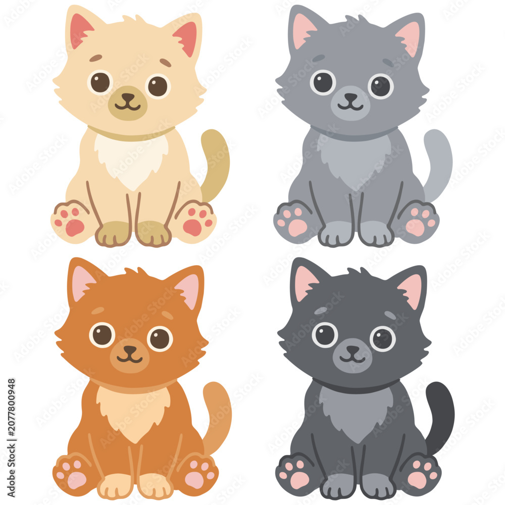 Fototapeta premium Cute cartoon fluffy cats illustration set, kawaii long hair sitting kittens collection grey cream white orange ginger vector pet asset transparent design isolated story book design maine digital print
