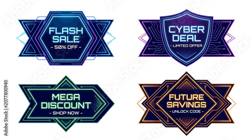 Four colorful discount labels with futuristic designs displayed.