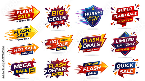 A collection of colorful sale stickers and labels on a white background with various promotional phrases.