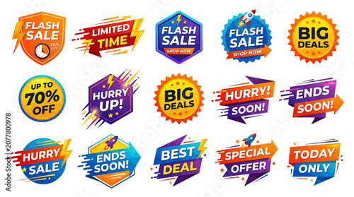 Vibrant sale stickers displayed on a white background with promotional phrases