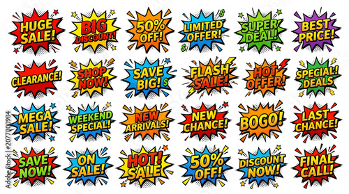 Vibrant sale stickers display with colorful text on white background