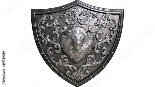 Photography Ornate medieval shield with lion head relief and scrollwork