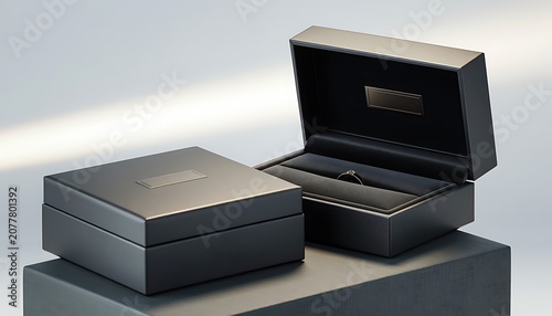 Two black boxes are open and closed on a pedestal indoors.
