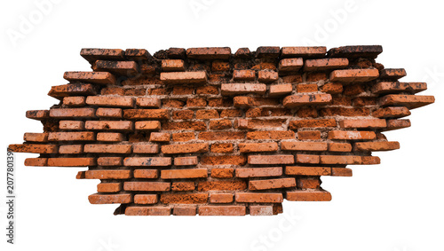 Cracked and crumbling old brick wall section, isolated on transparent background