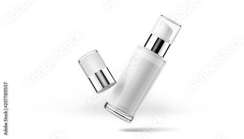 Cosmetic product bottles falling through air with caps off