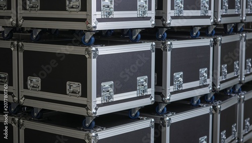 Stacked professional flight cases for transport of heavy stage equipment