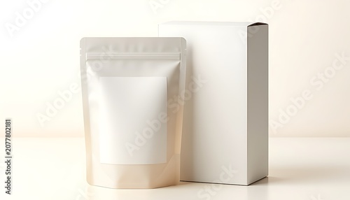 A white pouch and box are displayed on a table indoors.
