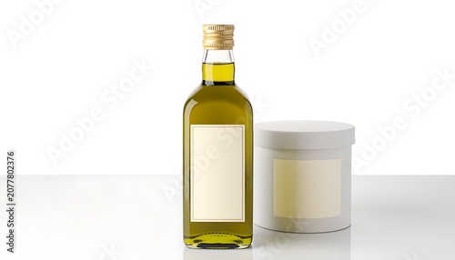 A bottle of oil and a jar are placed on a table indoors.