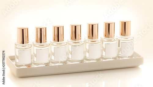 Seven perfume bottles with gold caps arranged on a white display