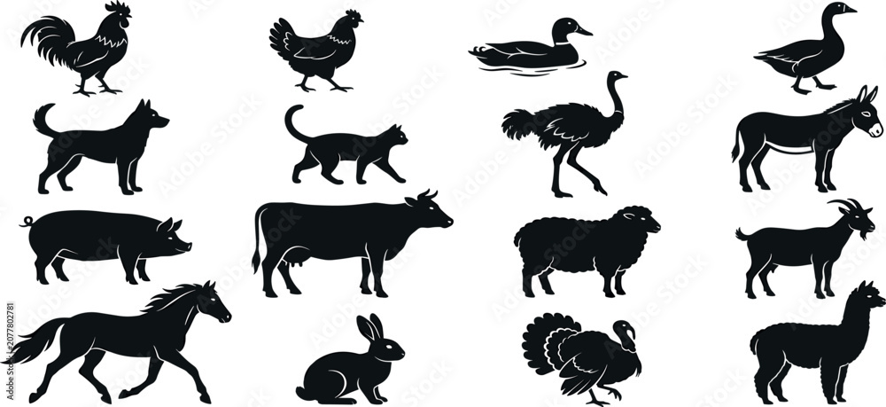 Obraz premium Domestic Farm Animals and Poultry Black Silhouette Vector Icon Set Featuring Ostrich Alpaca Cows Horses and Pets for Agriculture Graphic Designs