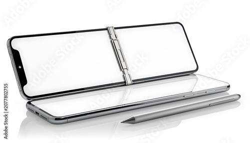 A sleek smartphone with a foldable screen and stylus on a white surface