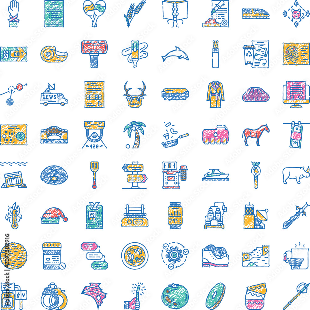 Obraz premium Large colorful scribble doodle icon collection showing diverse hand drawn symbols and sketches for web, app, business, education, travel, food, health, tech and creative concepts