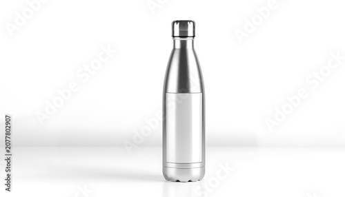 A silver metal reusable insulated water bottle on a white surface with a subtle shadow cast to the left.