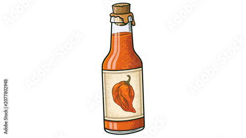 Fotografía Glass bottle of orange hot sauce with habanero pepper label