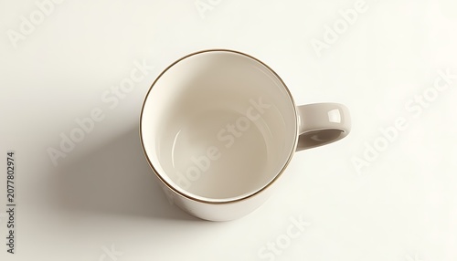 A white ceramic mug sits on a plain surface with a subtle shadow.