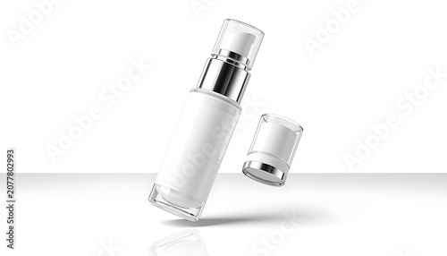 A sleek white bottle with cap off lies on reflective surface