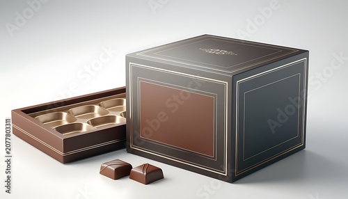 Brown chocolate box opened with chocolates on table indoors