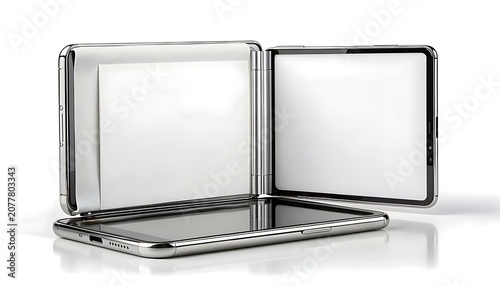 A sleek smartphone with two screens is displayed open and closed on a white surface.