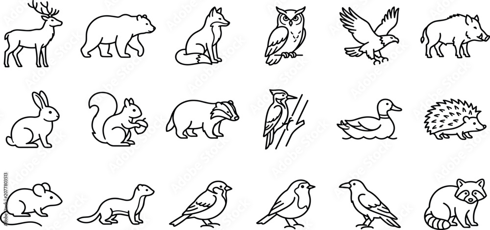 Obraz premium Forest Animals and Woodland Wildlife Line Icon Set with Deer Bear Fox Owl Eagle Boar Rabbit Squirrel and Hedgehog Symbols for Nature Designs