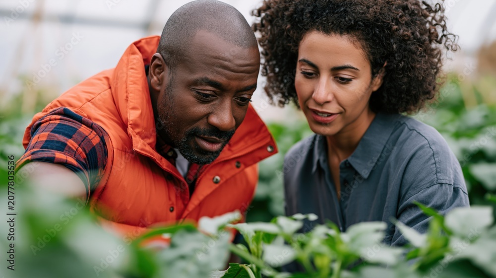 Fototapeta premium Two farm workers checking pepper plants in a greenhouse for sustainable agriculture workshop background and crop management training design