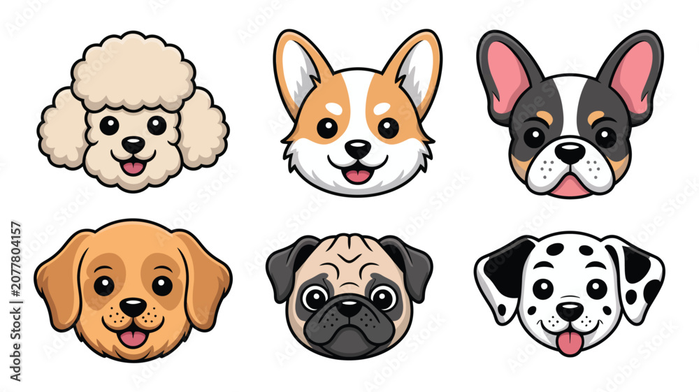 Obraz premium Dog cartoon face set featuring six different puppy breeds, cute vector illustration