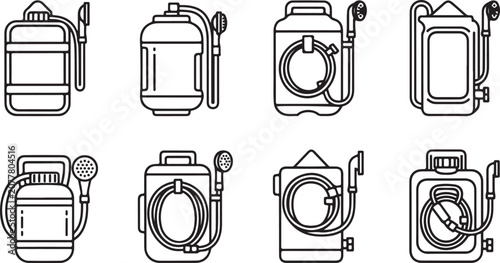 Foto Set of eight different backpack sprayers for gardening and pest control Vector