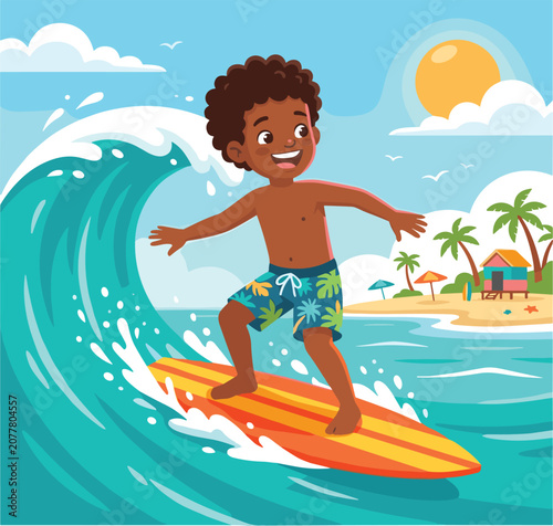 Photography Vector cartoon boy surfing on big ocean wave with surfboard against tropical bea