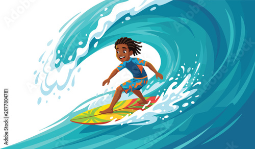Fotografija Vector cartoon boy with dreadlocks surfing on giant ocean wave with surfboard fo