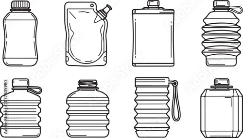 Photos Set of eight different water bottle and pouch designs in black and white line ar