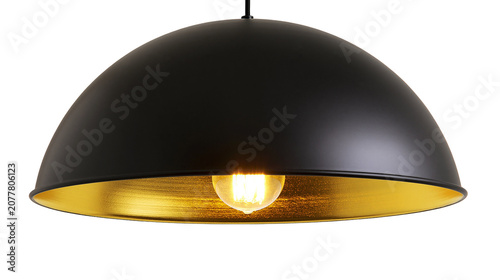 Photos Black dome pendant light with gold interior and visible bulb