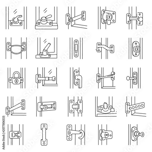 Various door locks and latches in line art style illustrations.