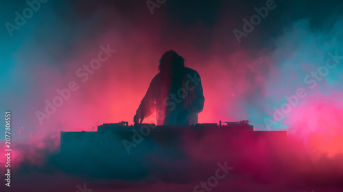 mysterious dj silhouette with neon light structures, anonymous electronic music performer in glowing cyberpunk atmosphere, futuristic nightclub dj standing before massive cyan and magenta neon lights