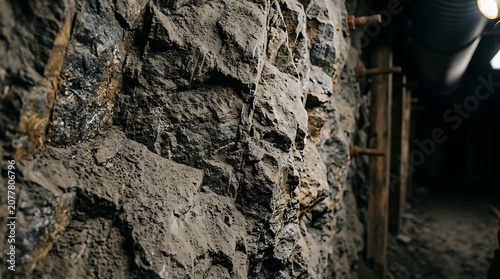 Detailed Texture of a Rough Rock Wall inside an Underground Mine Tunnel with Wooden Supports