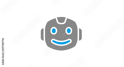 Minimalist Robot Face Icon with Blue Eyes and a Smiling Mouth on a White Backdrop