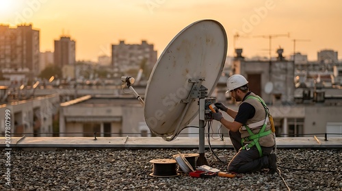 Technician installing satellite dish on urban rooftop at sunset with golden hour rooftop work technician job satellite technician