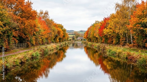 Scenic Autumn Landscape with River and Colorful Trees.