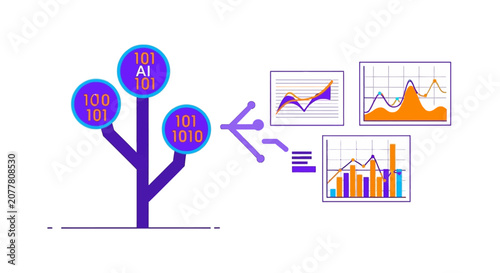 Artificial intelligence data tree with financial charts and graphs