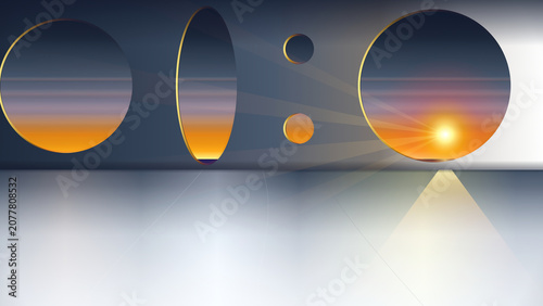 Futuristic Architecture Concept Featuring Circular Windows Overlooking A Glowing Sunrise Reflecting On Modern Floor Surface